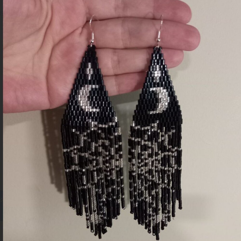 Midnight Moon & Spiderweb Beaded Earrings – Silver 925 Hooks - Picture 1 of 4